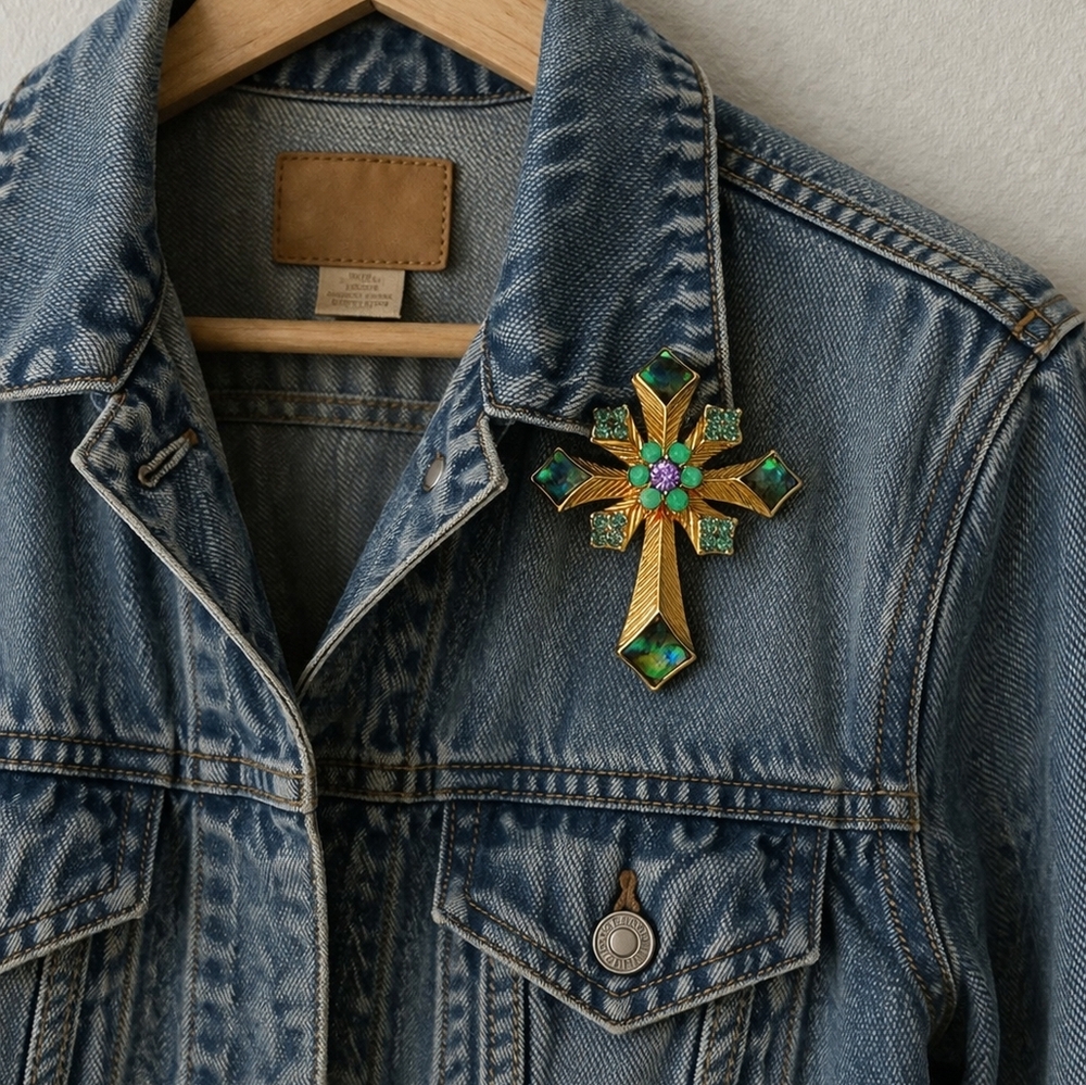 Napier Green Crystal Cross Brooch Gold Tone Rhinestone Pin NWT Religious - Picture 3 of 3